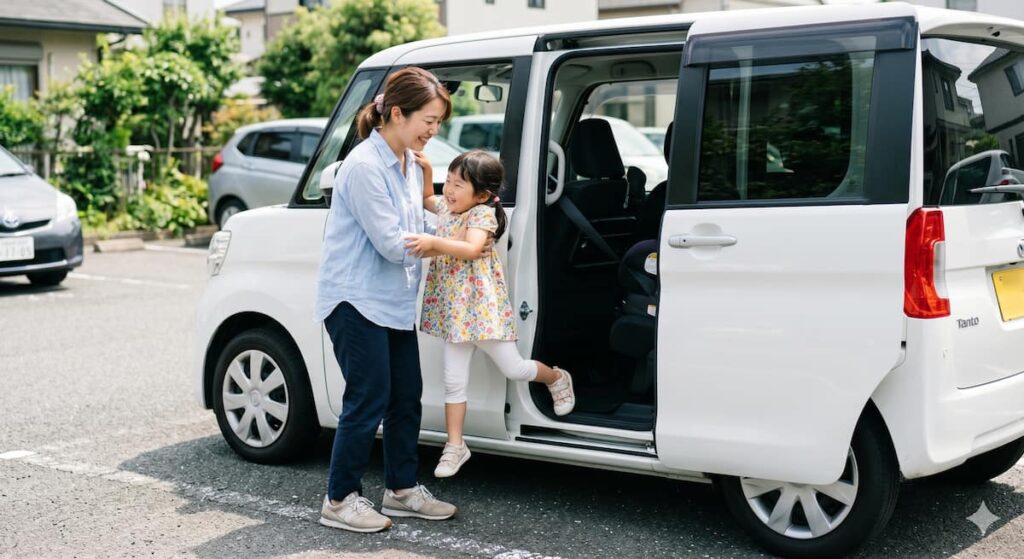 知多市の軽自動車専門店8Flags Auto：軽自動車から子供を降ろす様子